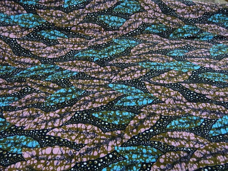 Tissu wax feuillage rose glycine et bleu turquoise