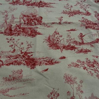 Toile de jouy en lin ecru motif vieux rose 1 