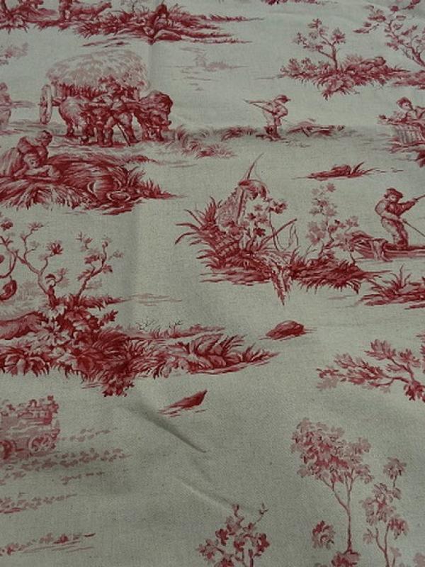 Toile de jouy en lin ecru motif vieux rose 1 