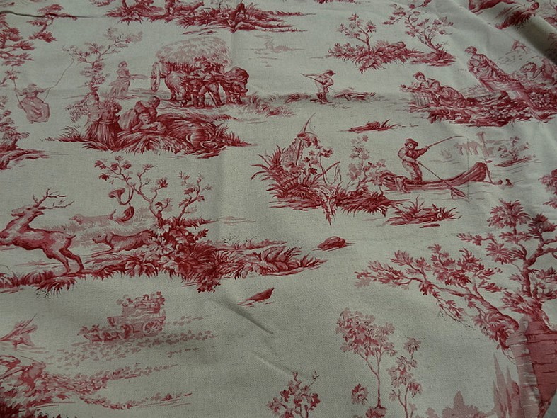 Toile de jouy en lin ecru motif vieux rose 1