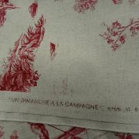 Toile de jouy en lin ecru motif vieux rose 2 