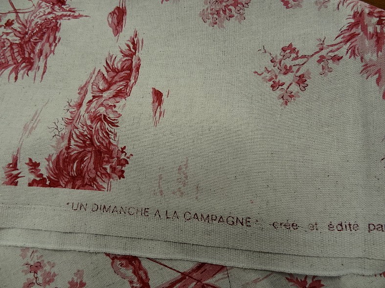 Toile de jouy en lin ecru motif vieux rose 2