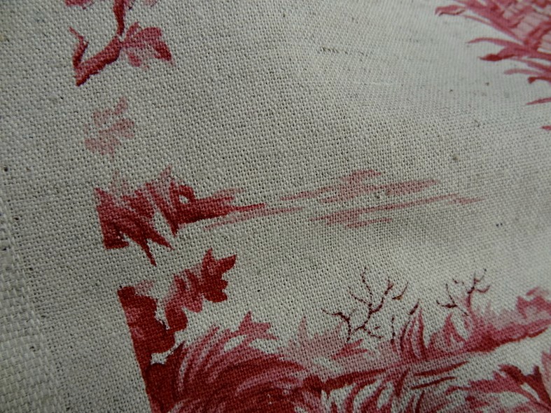 Toile de jouy en lin ecru motif vieux rose 3