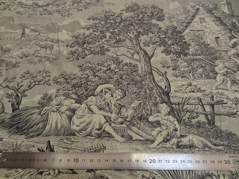 Toile de jouy matin midi soir fond ecru motifs noirs 1