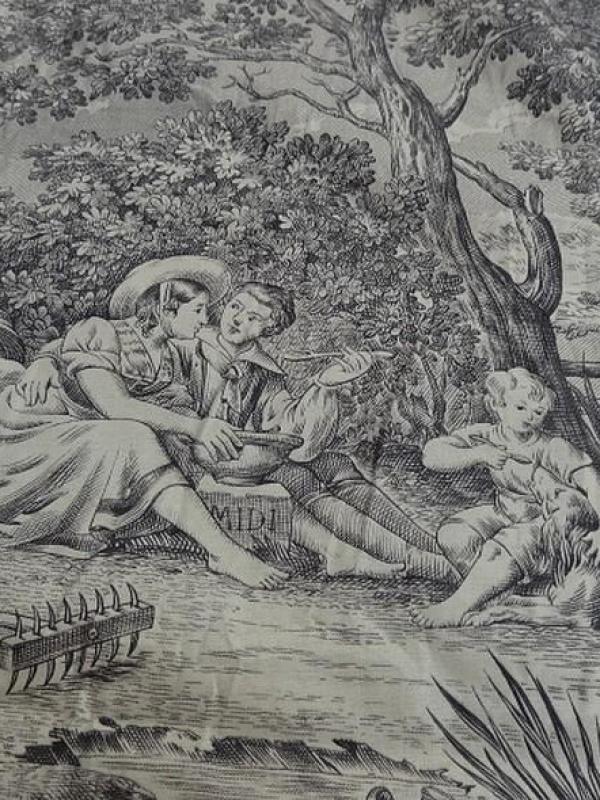 Toile de jouy matin midi soir fond ecru motifs noirs 3 