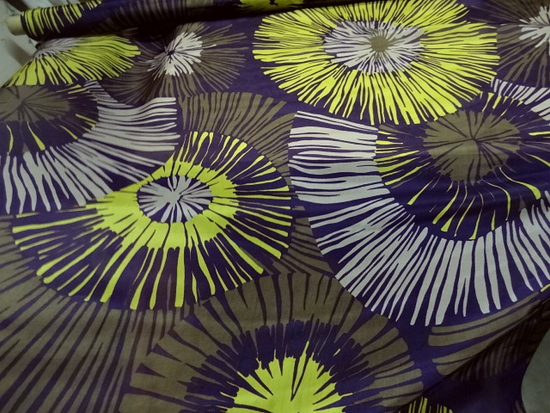 Twill de soie violet fleurs geantes anis et kaki 2