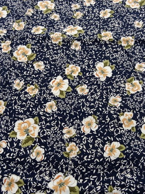 tissu viscose bleu nuit fleurs kaki et saumon