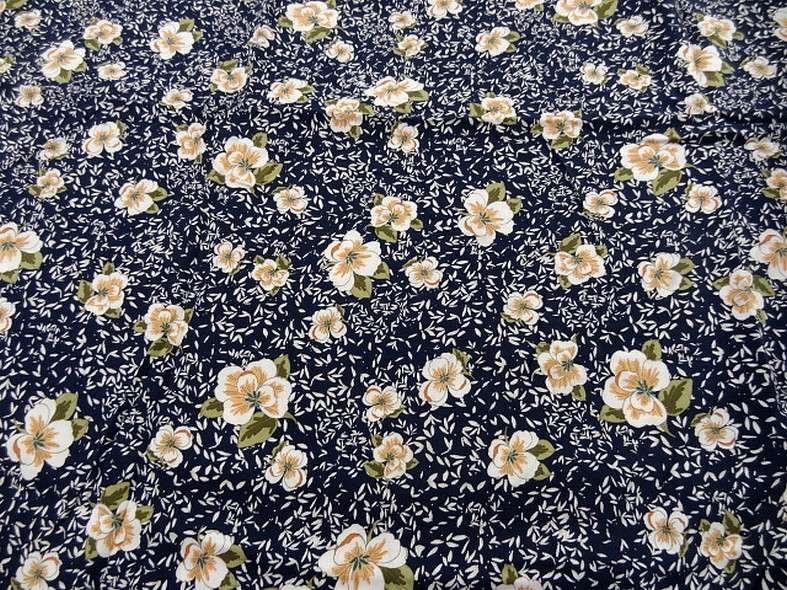 tissu viscose bleu nuit fleurs kaki et saumon