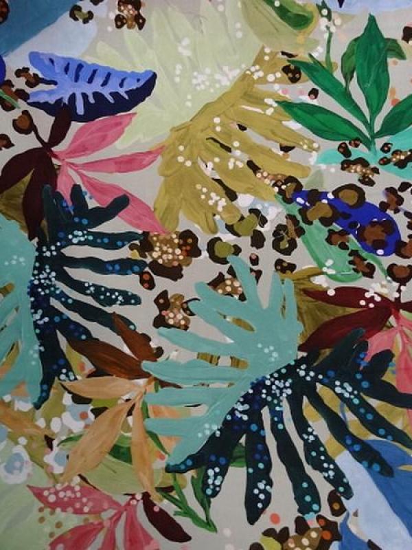 Viscose fond jade motif nature peinte
