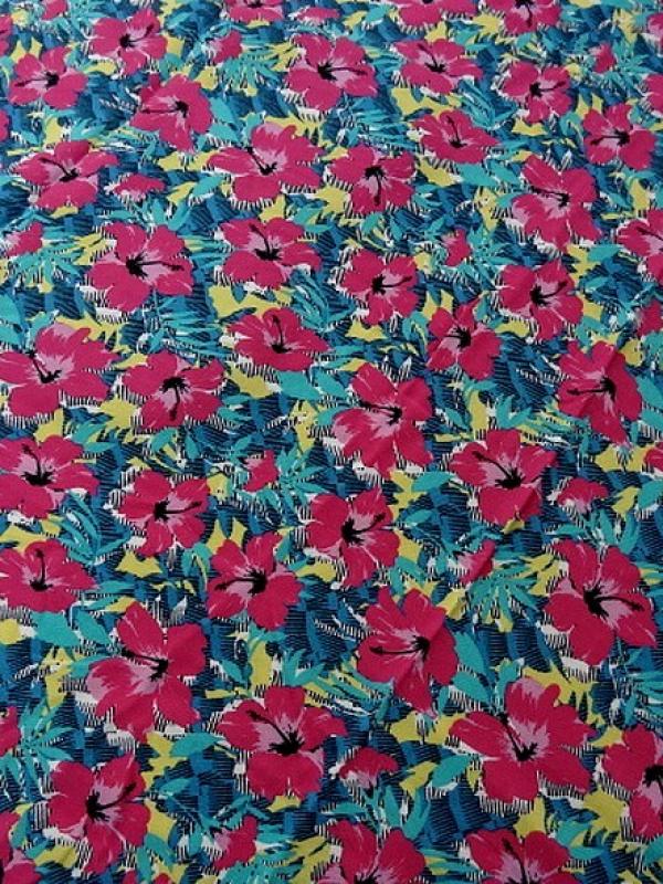 Viscose fond jaune fleurie fuchsia et bleu vert 1 