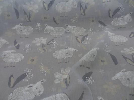 Voile coton gris clair imprimé moutons 0