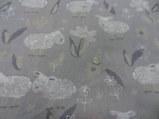 Voile coton gris clair imprimé moutons 4