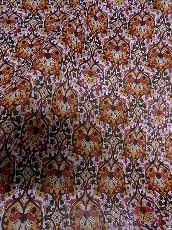 Voile de coton motif fleur de lis rose orchidee et mandarine