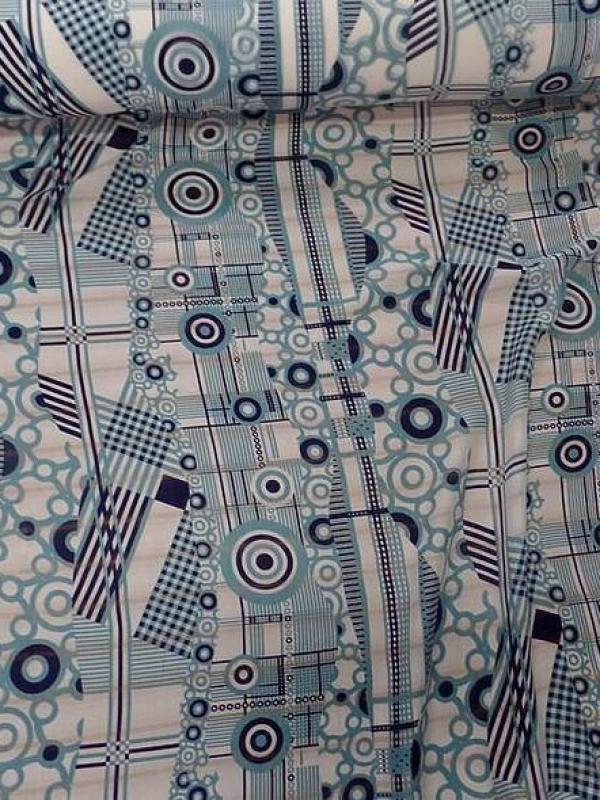 Voile de soie imprime retro ton blanc et bleu
